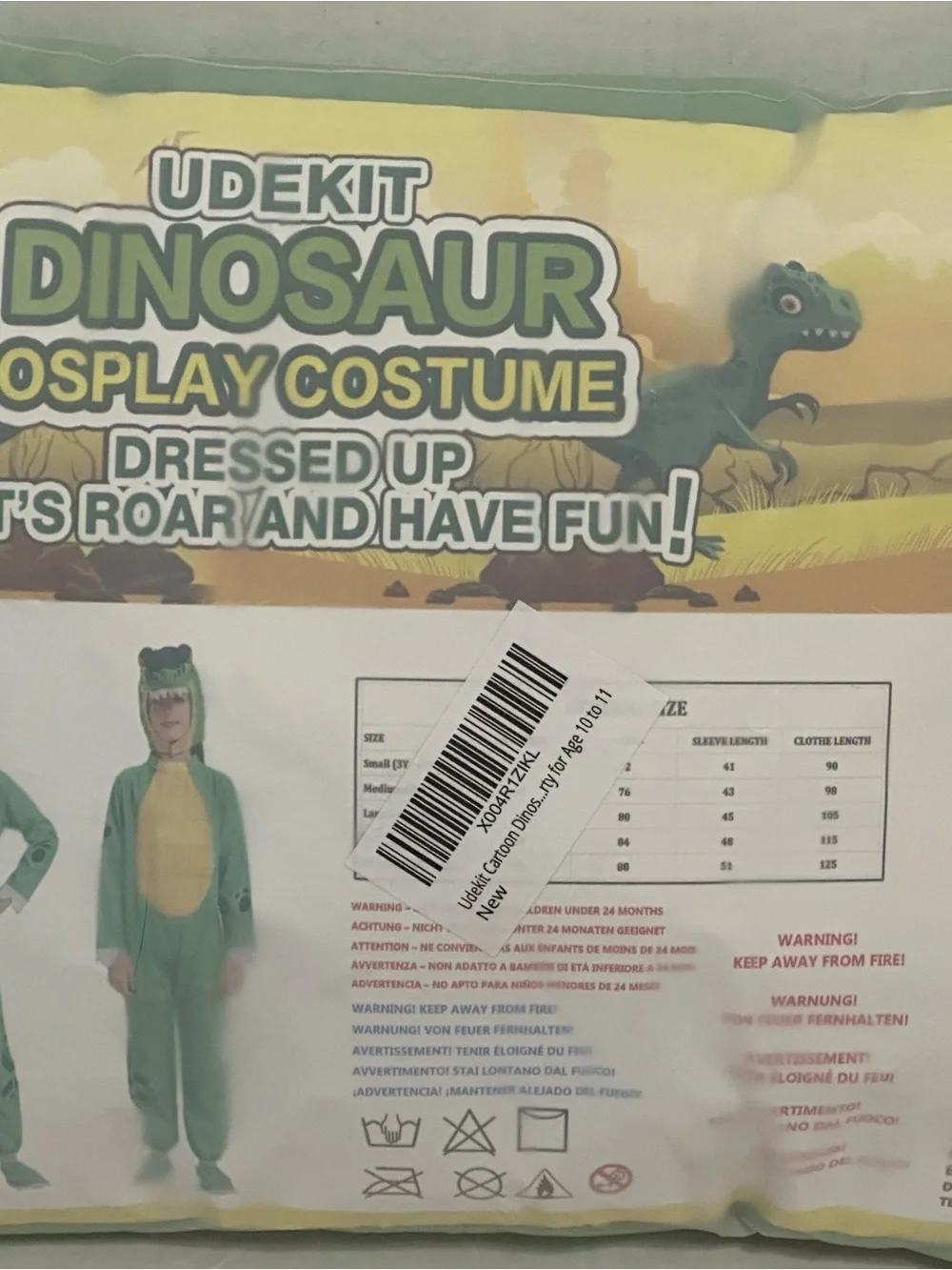 Udekit Dinosaur Cosplay Costume Kids Age 10-11 Green Hooded Halloween New